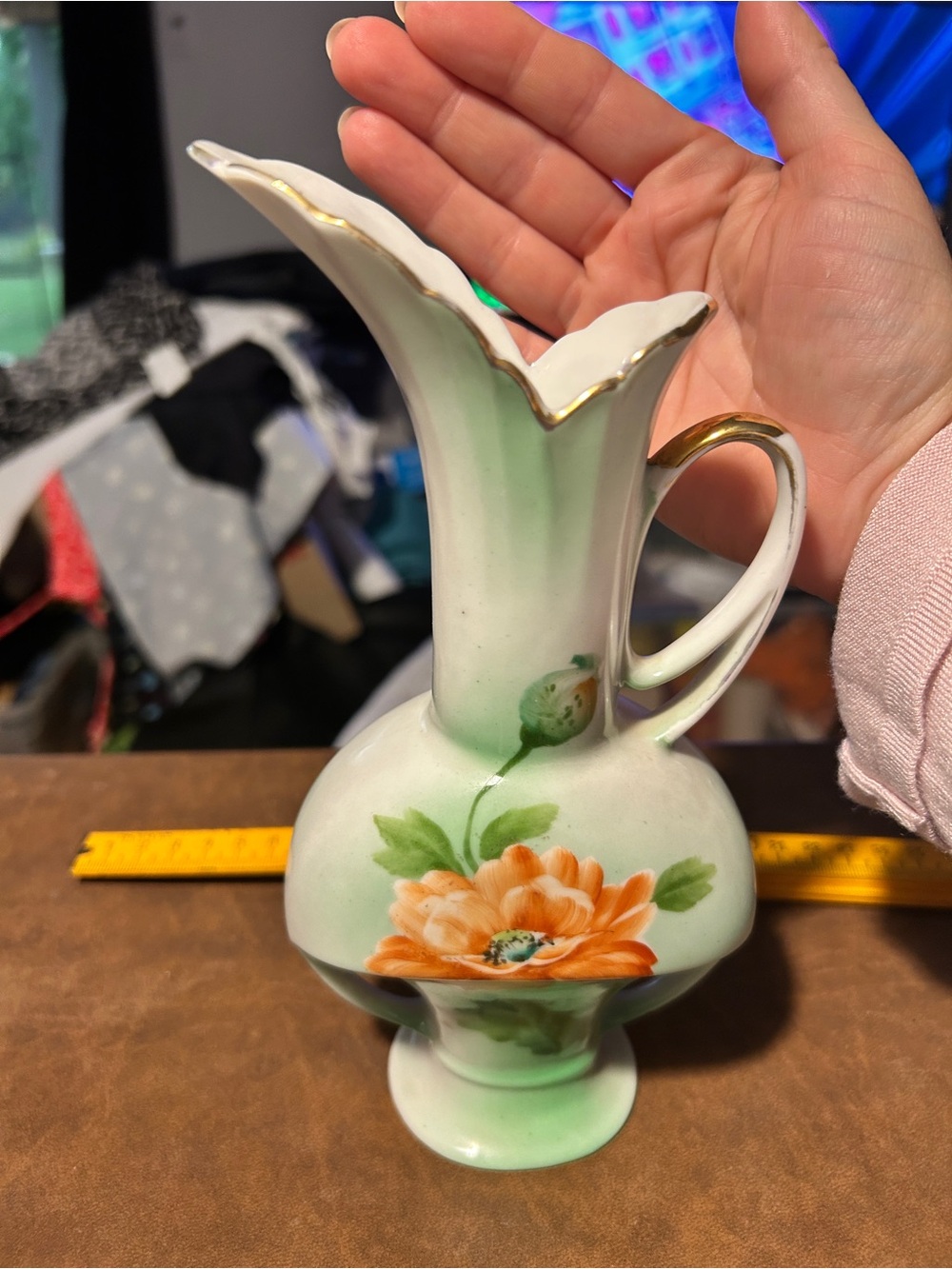Vintage Hand-Painted Green and Orange Floral Porcelain Ewer - Decorative Vase
